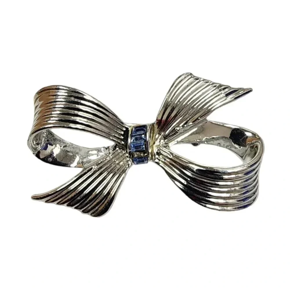 Vintage 60s-70s Blue Crystal Striped Bow Brooch Pin Silver Tone